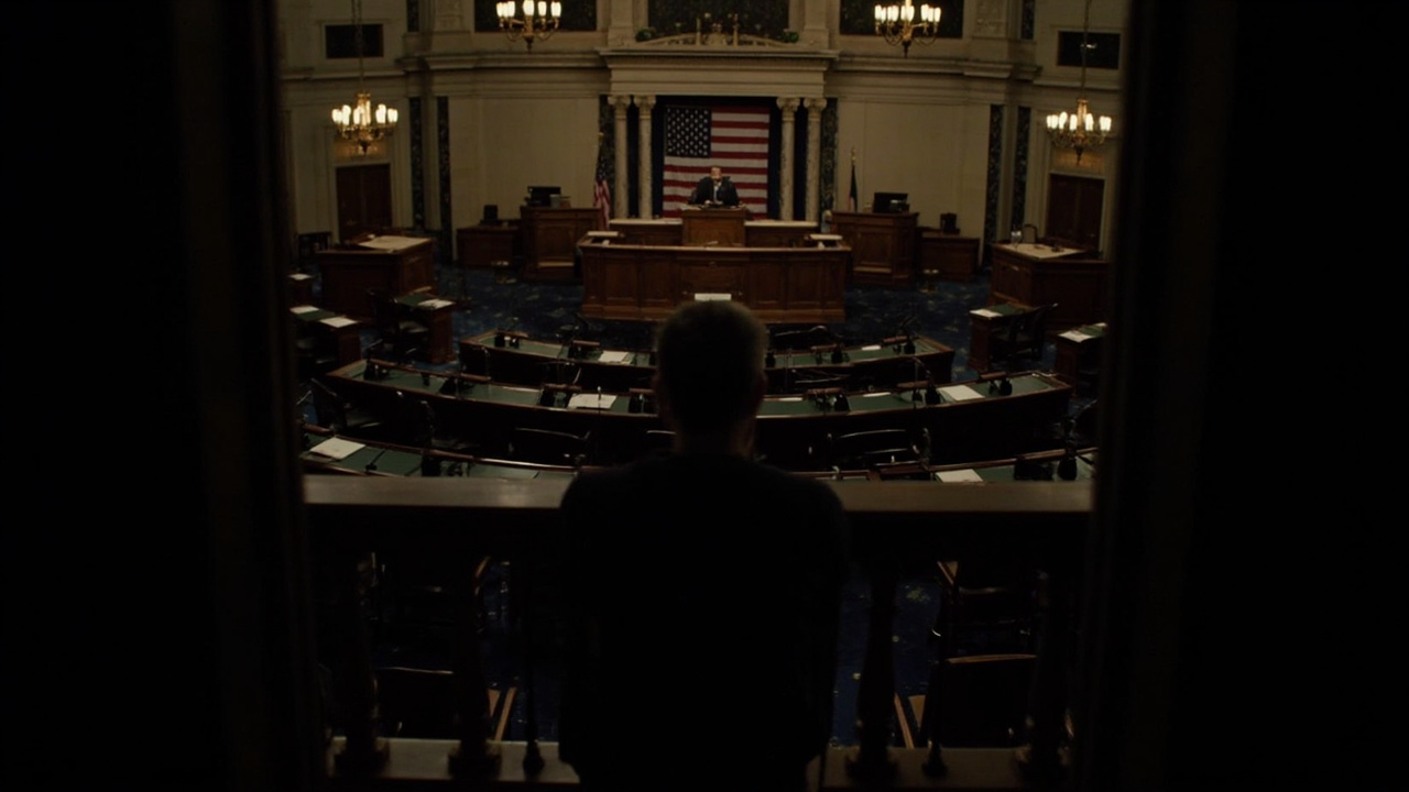 Empty House chamber from the Speaker's rostrum, lights on, seats empty, rows of microphones, the flag behind.