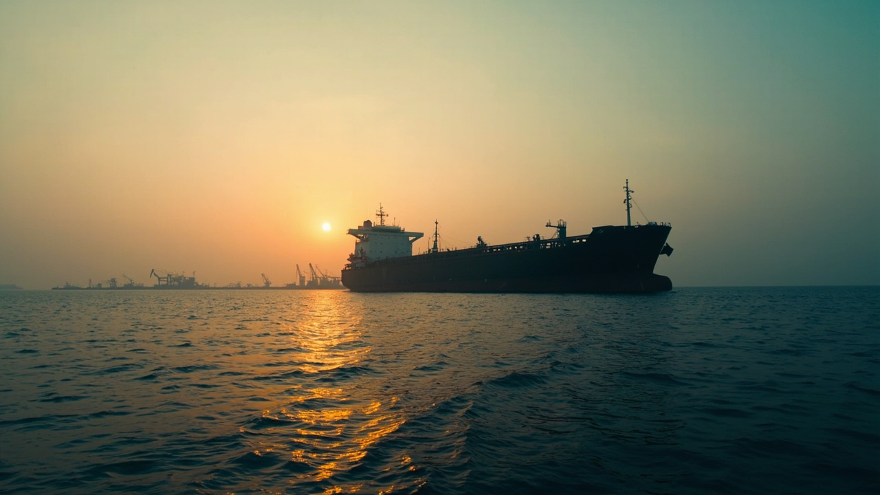 A crude oil tanker at anchor in the Gulf at dawn, waiting for a legal window that has closed