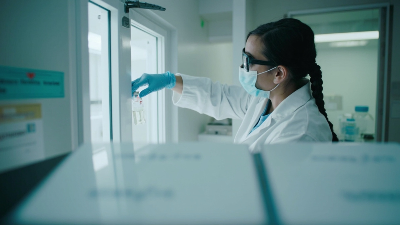 A compounding pharmacy technician in a white coat and gloves pulling a small vial from a refrigerated cabinet, the words 'semaglutide/B12' visible on a binder in soft focus, clinical lighting.