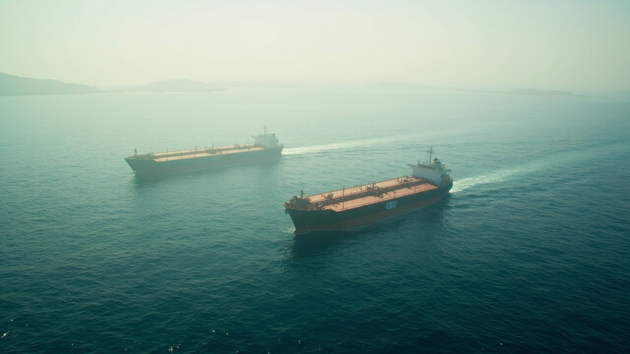 Oil tankers idling in the Persian Gulf off Qeshm island under a hazy dawn sky