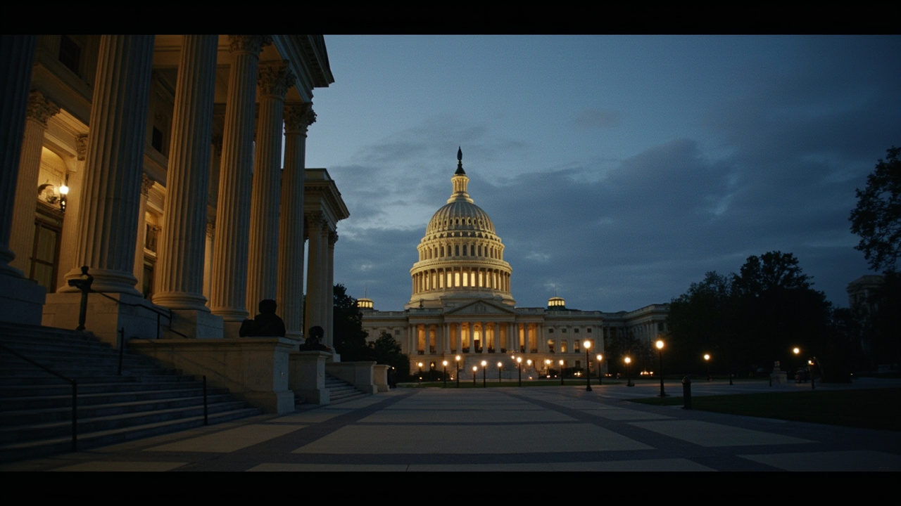 The US Capitol dome at dusk, reflecting pool in foreground.