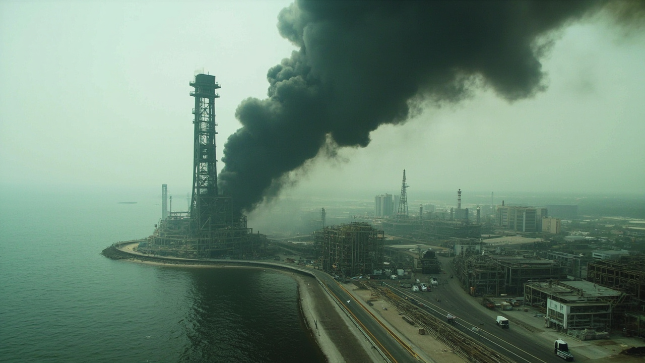 A damaged Persian Gulf oil refinery with smoke rising from a wrecked processing tower.