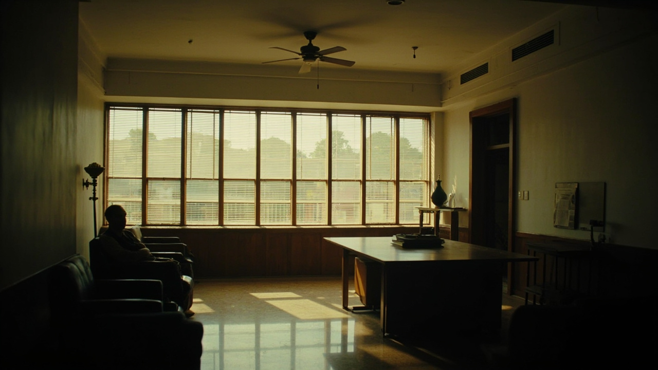 Foreign Secretary's office at South Block, Delhi — empty chair beside a low table where an ambassador sits waiting, a single dossier closed on the table.