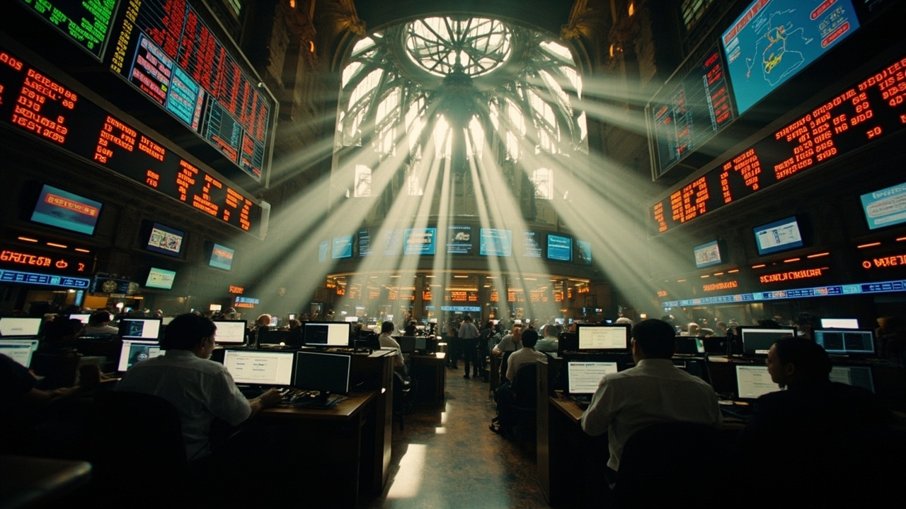 The Bombay Stock Exchange trading floor at opening, traders at terminals looking at Sensex numbers on large overhead screens, morning light through the windows.