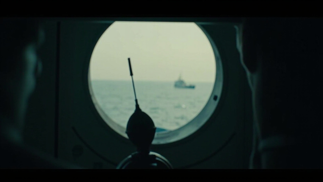 The bridge interior of an oil tanker at dusk seen through a porthole, a VHF radio microphone off the hook in the foreground, an IRGC gunboat on the horizon.