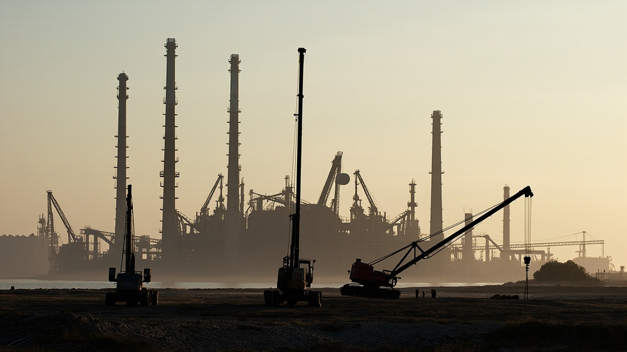 A damaged petrochemical plant on the Iranian coast, towers blackened after Israeli strikes.
