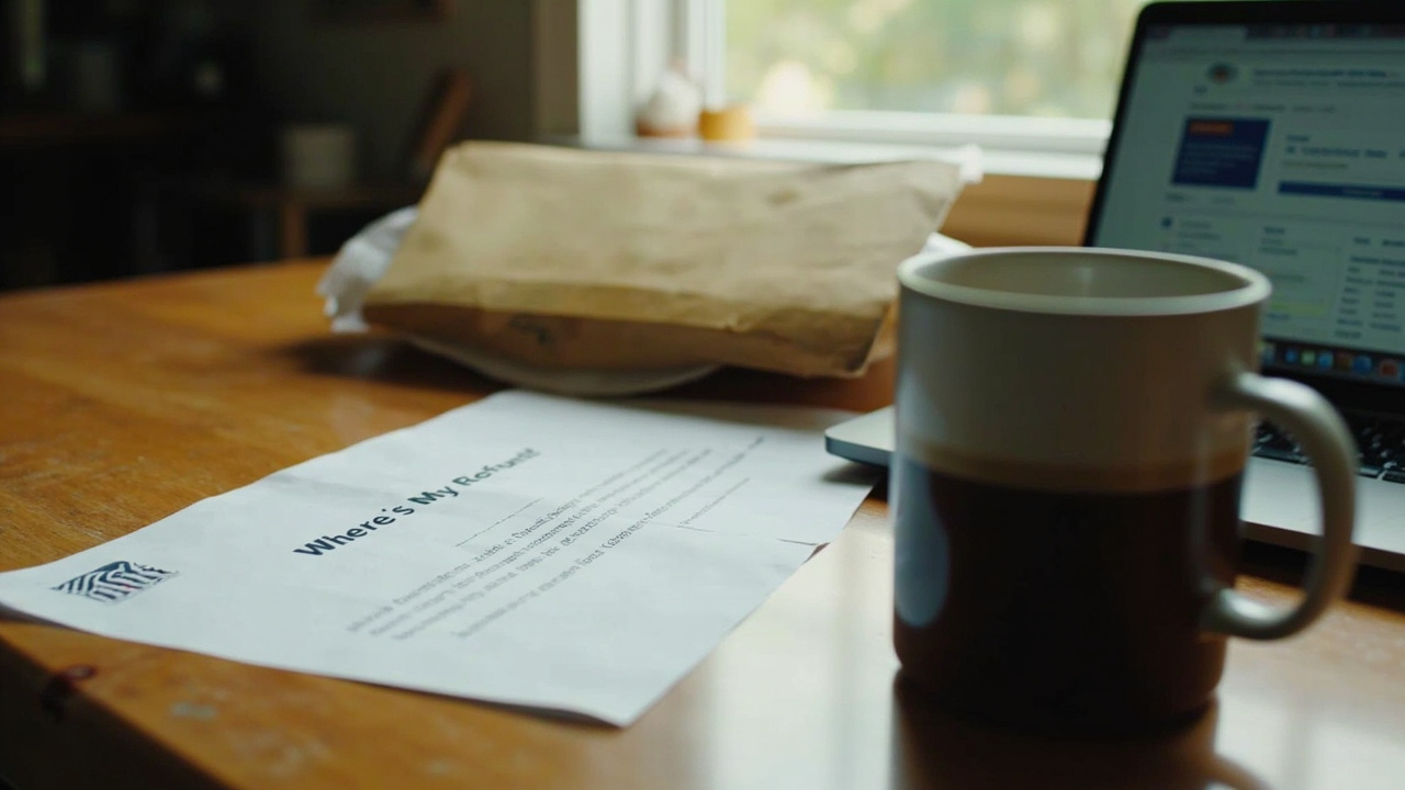 A kitchen table with a paper 'Where's My Refund' printout and an unopened IRS envelope alongside a laptop showing the IRS refund tracker, morning coffee cooling, domestic interior.