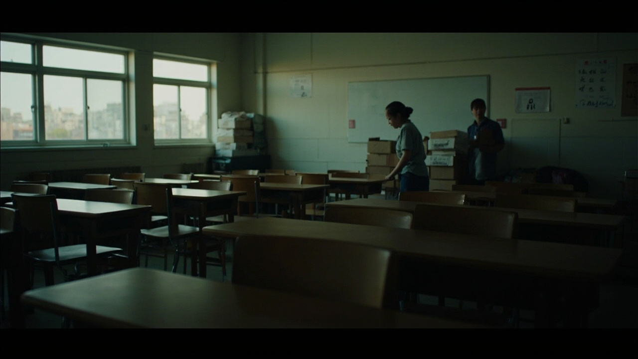An empty elementary school classroom in Tokyo at dusk with rows of desks, two teachers packing boxes at the back