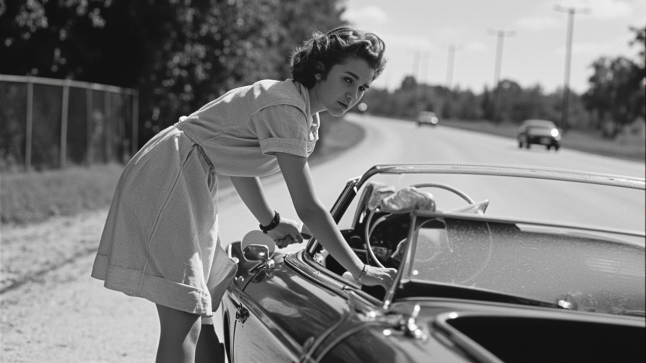 A vintage 1960s film-set still in black and white showing a young woman in a simple dress washing a convertible on a sunny day, soft grain, documentary reverence.