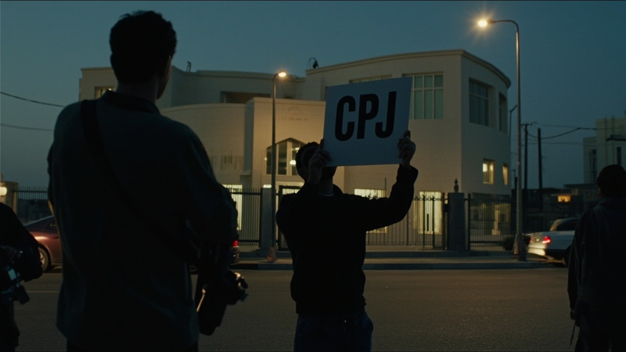 Exterior of a Kuwaiti state security building at dusk, journalists waiting across the street