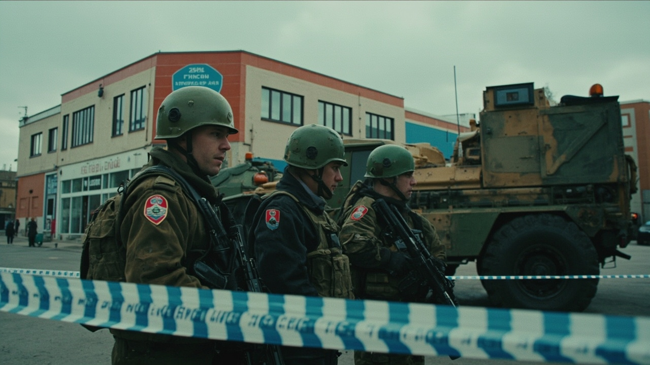 Ukrainian police vehicles with flashing blue lights outside a supermarket in Kyiv's Holosiivskyi district.