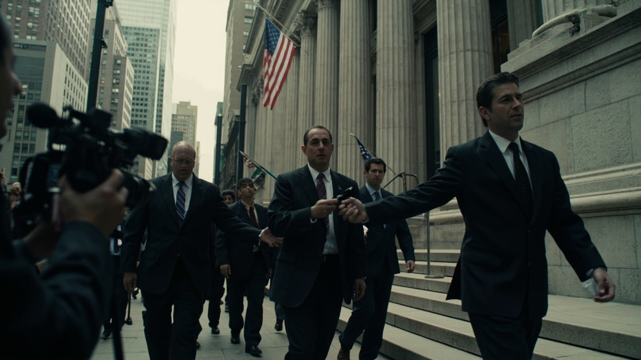 A Manhattan federal courthouse exterior with attorneys in suits walking toward a bank of reporters holding microphones, the courthouse's columns visible and an American flag at half-staff.