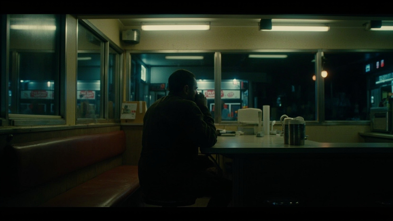 A single man sits at a diner counter at night, his back to the viewer, drinking coffee alone, the booth behind him empty, fluorescent overhead lighting.