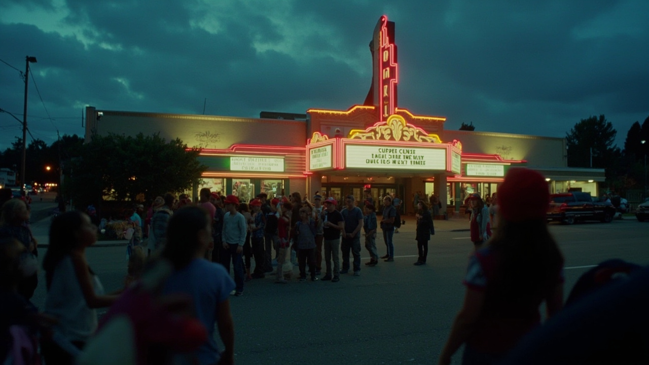 Night exterior of a suburban multiplex with Super Mario Galaxy Movie marquee, families in line