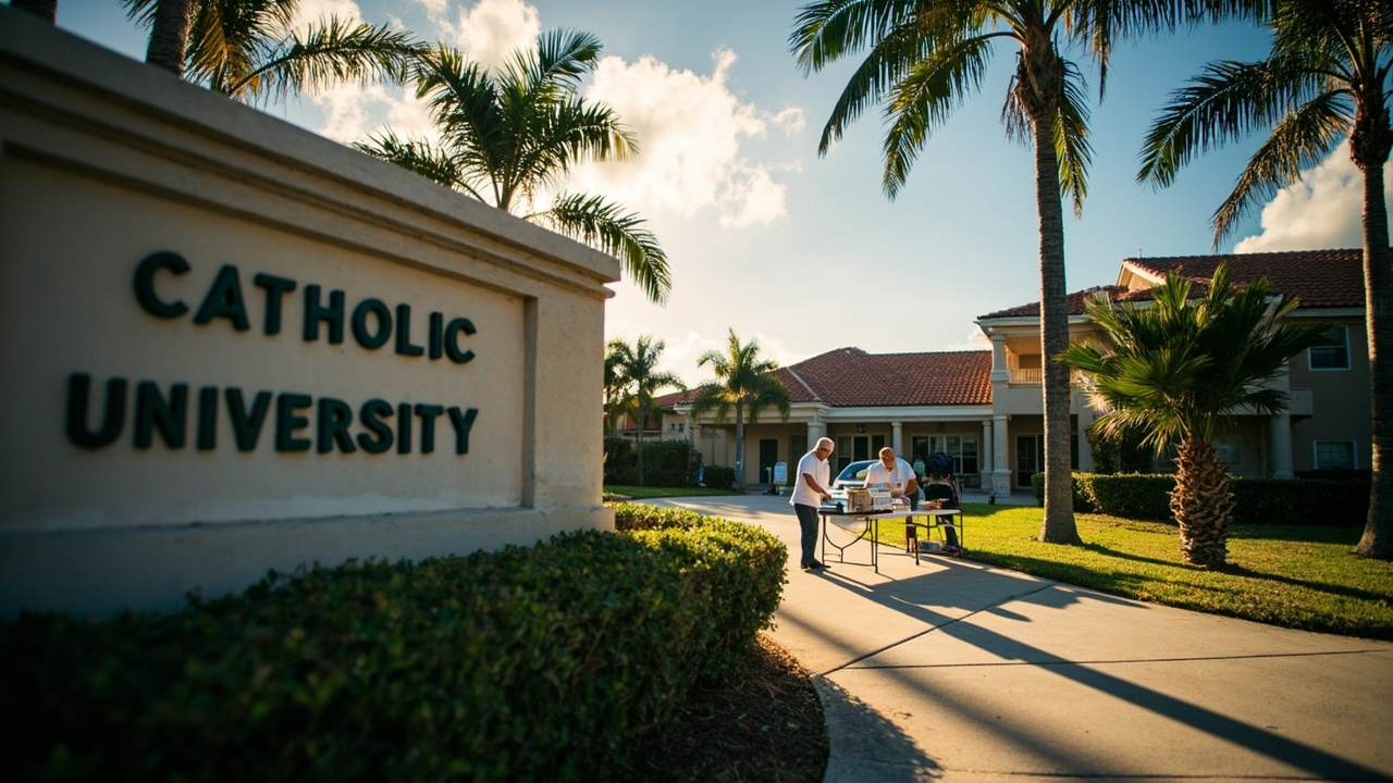 The entrance sign of Ave Maria University with the Florida campus visible beyond it in afternoon light, a public-health worker in the middle distance setting up a vaccination table.