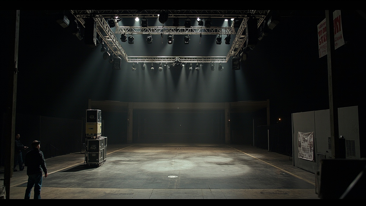 An empty arena stage with scaffolding and equipment cases stacked, lighting rigs hanging, no audience, no performer, a tour dates banner folded against the wall.