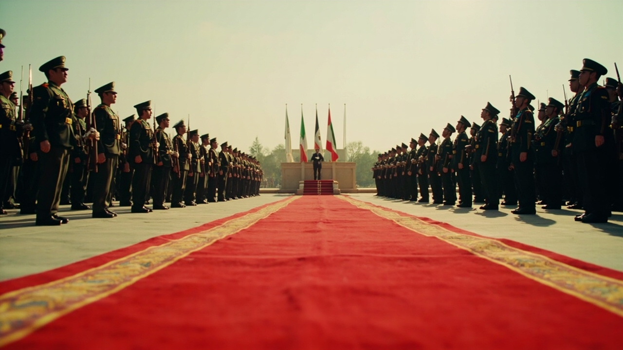 Iranian Army parade ground at attention, empty podium with microphone, red carpet centerline, national flags behind, afternoon light.
