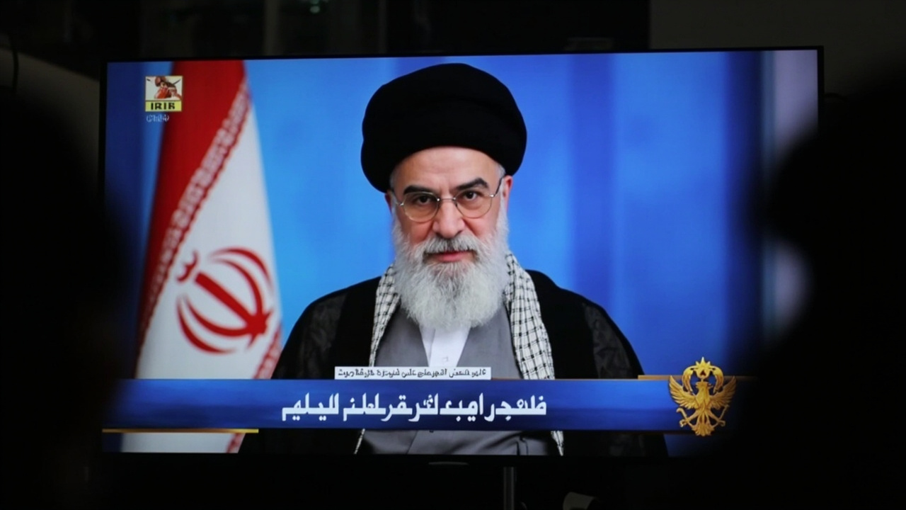 A televised Iranian state-television broadcast shows a still portrait of Mojtaba Khamenei with Persian text overlay, the Iranian Army emblem in the corner.
