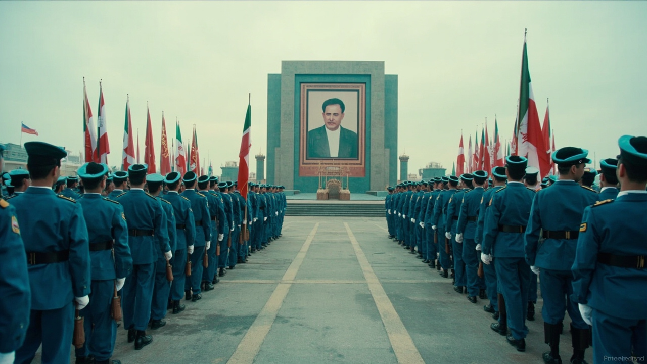Iranian soldiers stand at attention on Army Day in Tehran under a portrait of the new supreme leader.