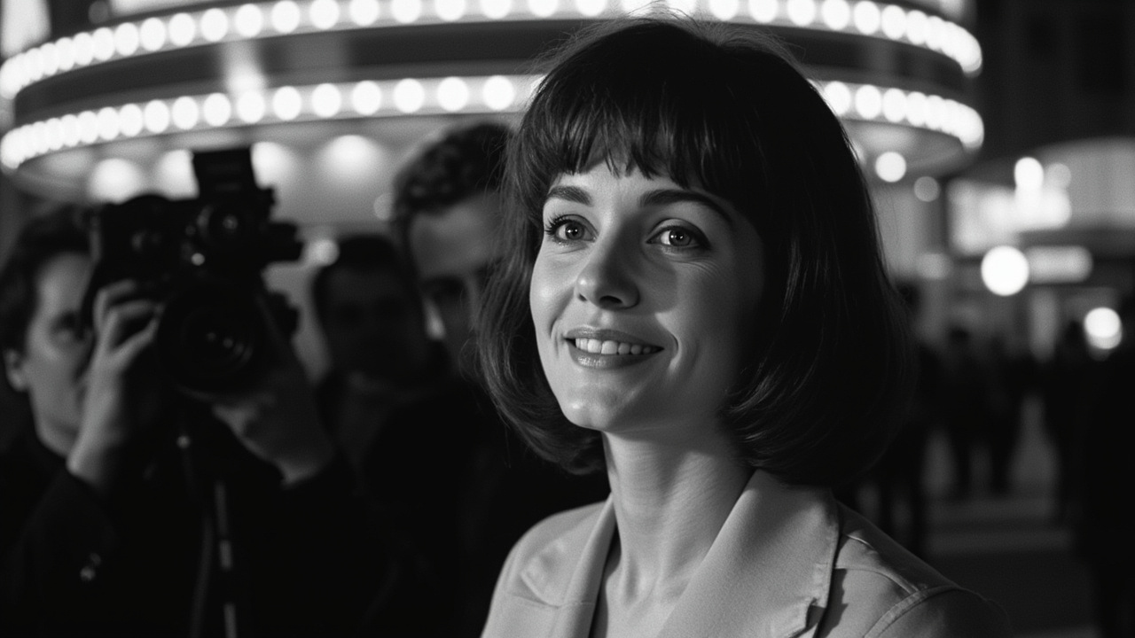 Black-and-white archival still of Nathalie Baye at a French film premiere in the 1980s, smiling with bobbed hair and a simple blouse, a photographer's flash reflecting off the wall behind her.