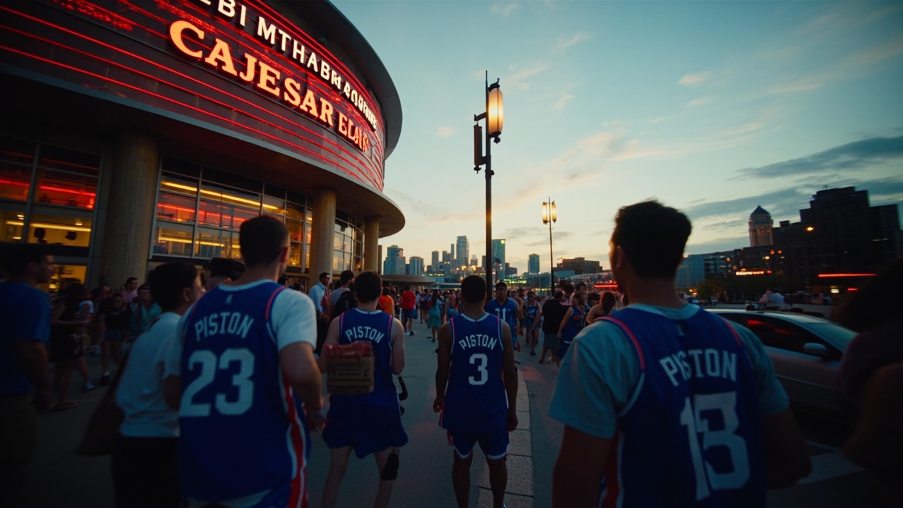 Little Caesars Arena in Detroit at dusk, fans in blue and red jerseys walking toward the entrance.