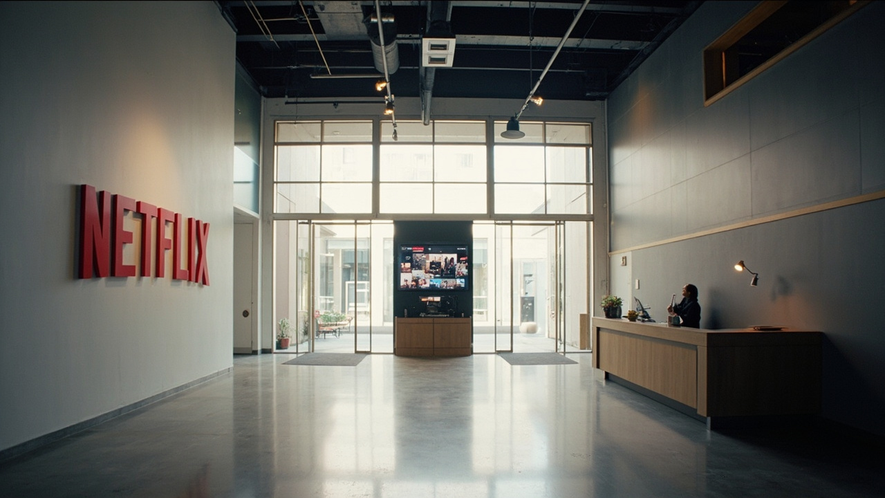 Netflix office lobby, red bar logo on a wall, reception desk, a single lit screen cycling thumbnails, nobody present.