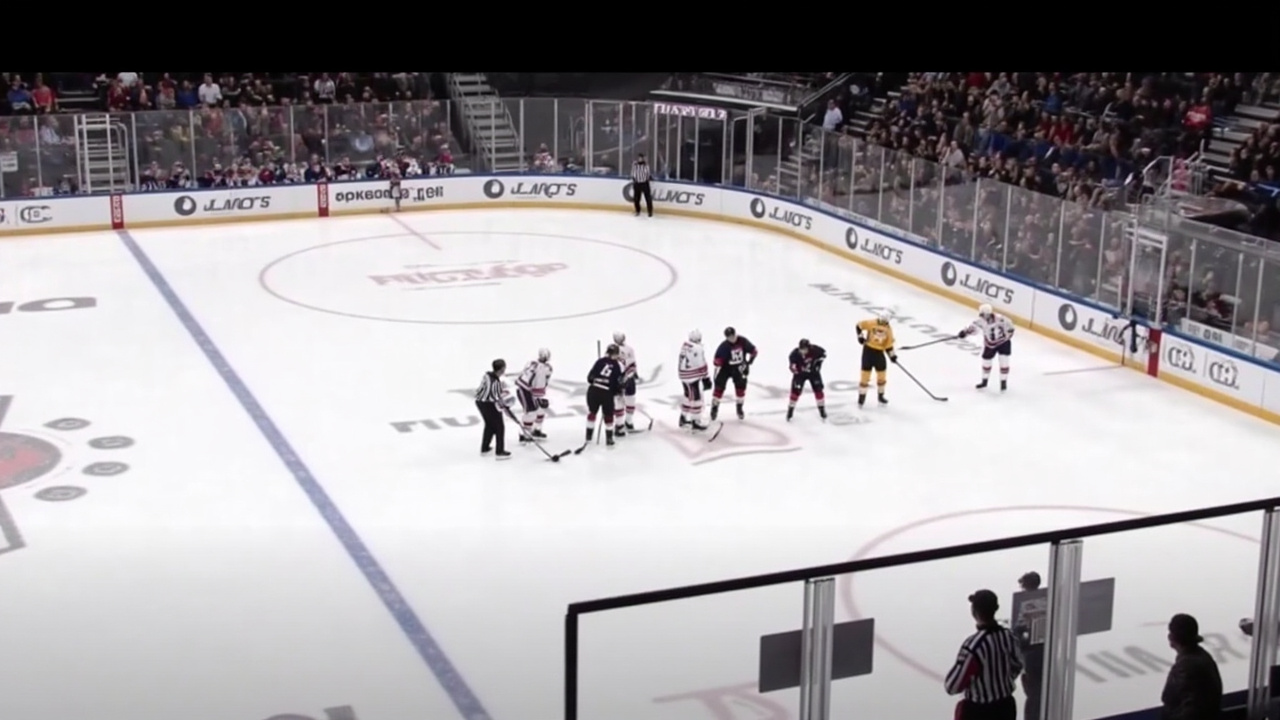 A wide-ice view from high in an NHL playoff arena at the opening faceoff, players lined up at center ice under white spotlights, playoff bunting along the rail.