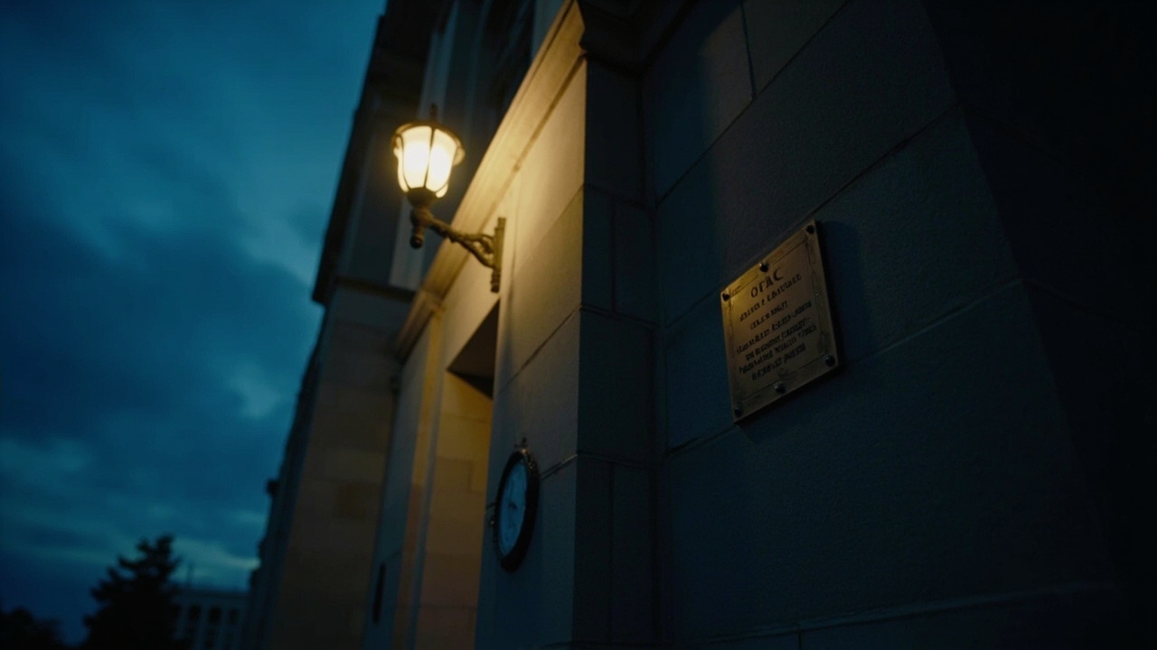 The US Treasury Department building at dusk, the OFAC seal visible near the entrance.
