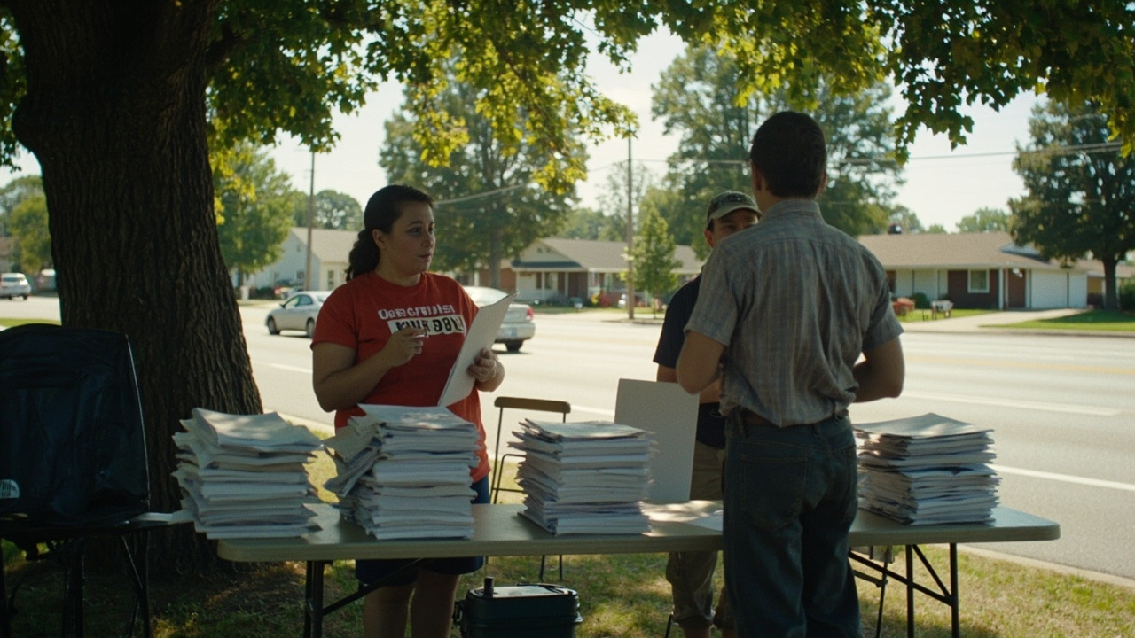 A folding table at a county festival with a Prohibition of a Data Center petition and volunteers under a tree