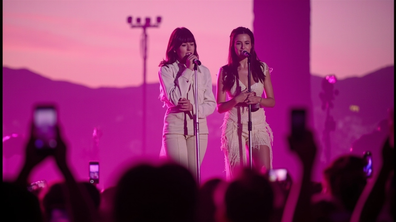 A young female pop singer with dark hair in a plain white t-shirt stands in front of a microphone under pink stage lights, with Addison Rae standing beside her at a festival main stage.
