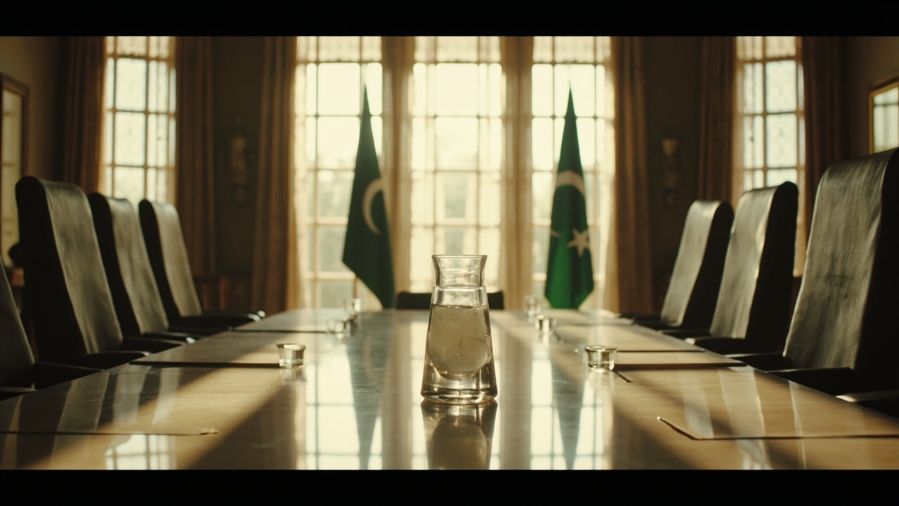 Empty conference table at a Pakistani foreign ministry reception room, chairs pushed in, single water pitcher, afternoon light through tall windows.
