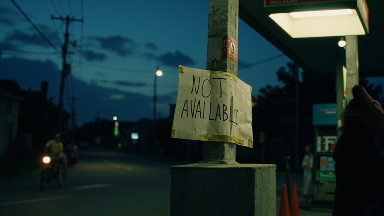 A fuel-pump hand-lettered sign in a Quezon City gas station reads 'not available.'