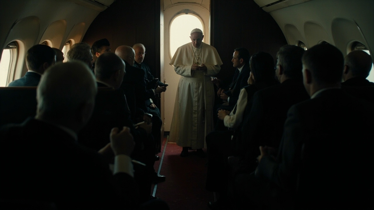 Cabin of the papal plane mid-flight, Leo in white standing in the aisle speaking to a cluster of seated reporters with notebooks, light from an oval window.