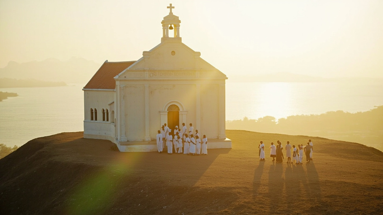 White-washed Muxima church on the bluff above the Kwanza River at late afternoon, low sun on the facade, small procession of pilgrims in white approaching the door.