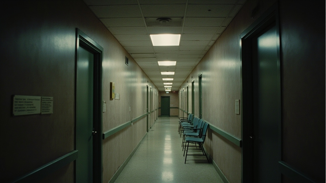An empty federal office corridor with a row of closed doors.