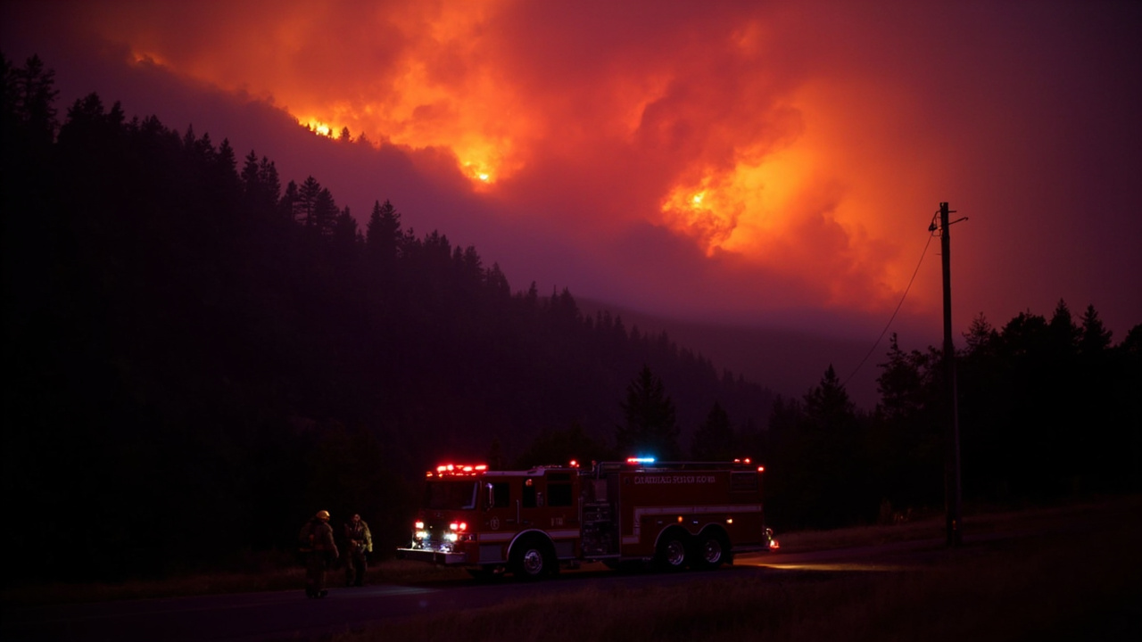 A wildland fire glow over a ridge in northern California at dusk, with a CAL FIRE engine and firefighters silhouetted in the foreground, orange smoke against the purple sky.