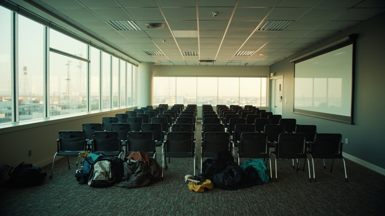 An empty Snap Inc. office conference room in Santa Monica at midday, chairs pushed in, laptop bags on the floor
