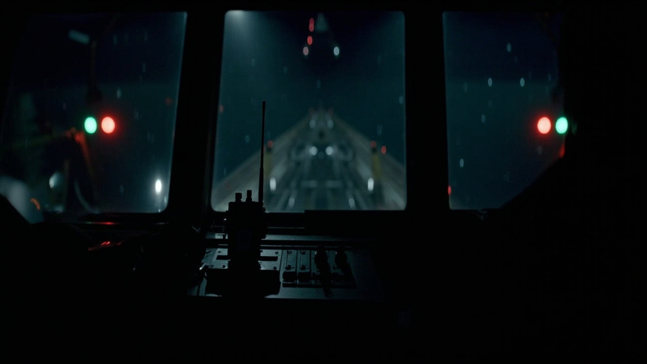 A maritime navigation console in a ship's bridge at night, VHF radio handset off its cradle, red navigation lights, a large tanker's bow visible through the forward window.