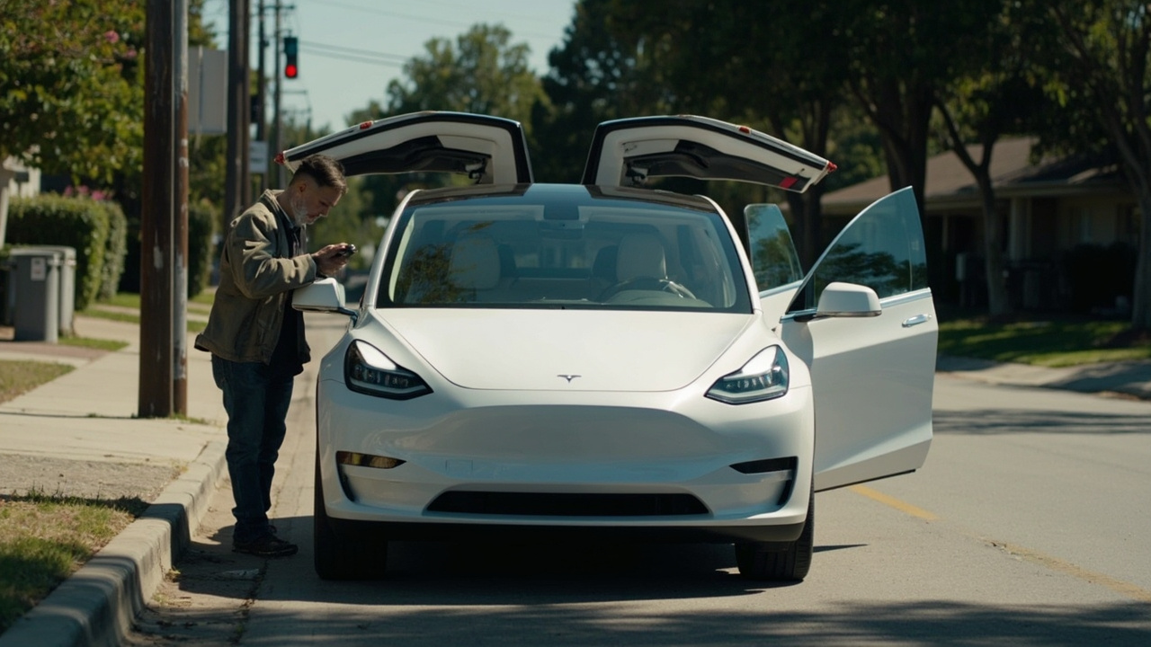A white Tesla Model Y pulled up at a Dallas curb in midday sun, the front seat empty through the windshield, a person with a phone approaching the rear door.