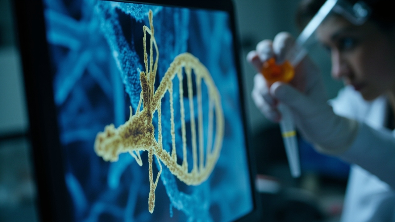 A cryo-electron microscopy image of the ThermoCas9 enzyme bound to DNA, rendered in a blue-and-gold laboratory visualization, with a research scientist's gloved hand loading a pipette in soft focus background.
