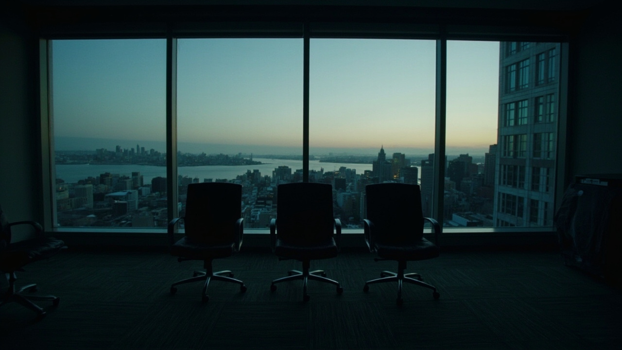 Three empty executive chairs in a conference room at dusk, floor-to-ceiling windows showing San Francisco skyline
