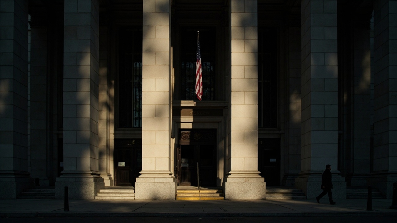 Treasury Department building facade late afternoon, shadow of columned portico across the pavement, a single flag above.