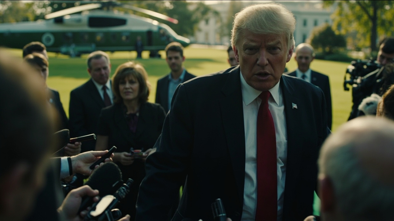 Donald Trump speaks to reporters on the South Lawn of the White House near Marine One, in a dark suit with a red tie, aides standing slightly behind him.