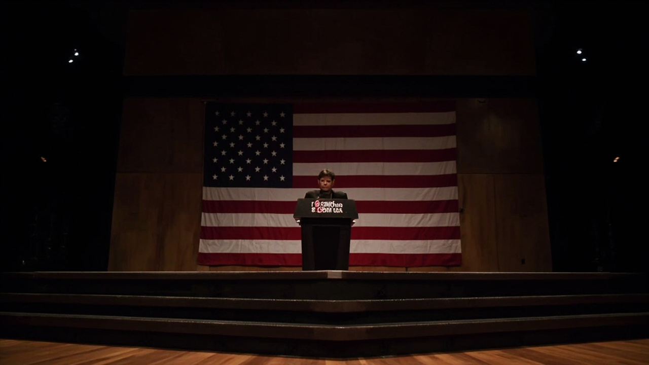 An empty podium at a Turning Point USA event with the American flag behind and an empty press riser in foreground