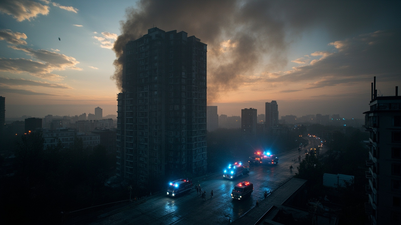 Smoke rising over a Kyiv apartment block at dawn after overnight drone and missile strikes.