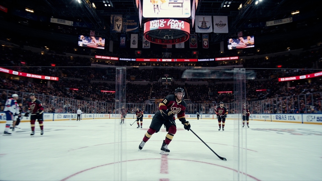 A player in a Utah Mammoth jersey skates across the ice at T-Mobile Arena under the Stanley Cup Playoffs logo projected on the scoreboard, Vegas Golden Knights banners visible in the background.