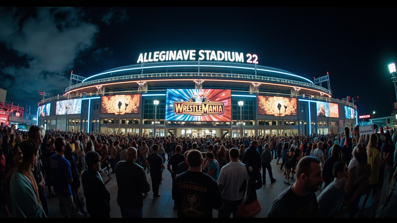 Allegiant Stadium Las Vegas exterior at night, WrestleMania 42 banners, crowds filing in for Night 2