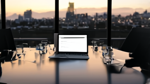An empty executive conference room with one open laptop showing a press release, city skyline at dusk through floor-to-ceiling windows, untouched water glasses.