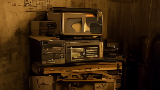 A vintage 1980s boombox sits atop a crate of vinyl records in a dimly lit Bronx apartment at dusk