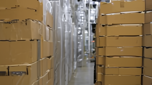 Rows of Allbirds Wool Runner shoes in a warehouse beside a single stacked server rack under plastic sheeting.
